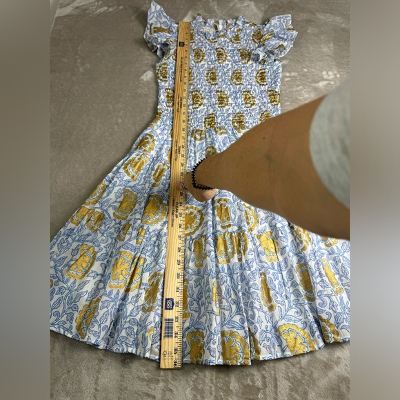 OLIPHANT Smocked Vine Blue Flirty Short Dress Small High Neck Ruffle Cotton - Picture 11 of 14